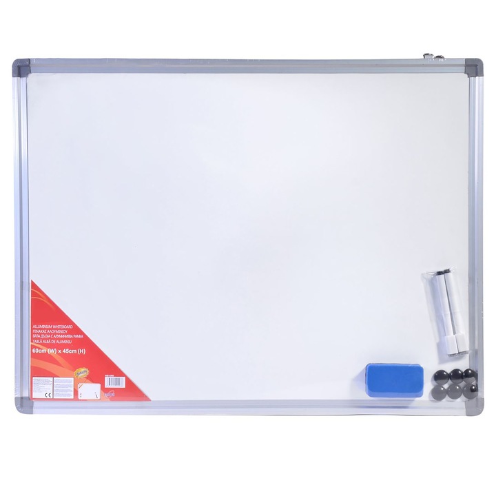 Магнитна бяла дъска whiteboard, Алуминиева рамка, Аксесоари 2 маркера, 6 магнитчета и гъба, 60 х 45 см