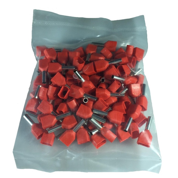 Set pini dubli rosii 1.5mm² conectori terminal de sertizare izolati poliamida tubulari set 100 buc