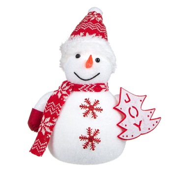 Decoratiune,model om de zapada cu fular,caciula si manusi, alb si rosu, include bradut cu mesaj,dimensiune 28 cm Decoratiune,model om de zapada cu fular,caciula si manusi, alb si rosu, include bradut cu mesaj,dimensiune 28 cm