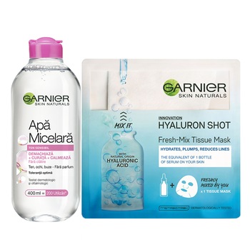 Set Garnier Skin Naturals: Apa micelara pentru ten sensibil, 400 ml + Masca servetel FreshMix cu acid hialuronic Set Garnier Skin Naturals: Apa micelara pentru ten sensibil, 400 ml + Masca servetel FreshMix cu acid hialuronic