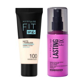 Set Maybelline: Fond de ten matifiant Fit Me Matte & Poreless 100 Warm Ivory - 30ml + Spray de fixare Lasting Fix, 100 ml Set Maybelline: Fond de ten matifiant Fit Me Matte & Poreless 100 Warm Ivory - 30ml + Spray de fixare Lasting Fix, 100 ml