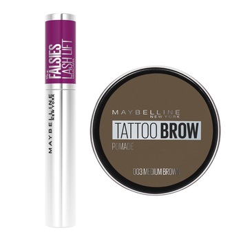 Set Maybelline: Mascara Falsies Lash Lift, 9.6 ml + Pomada pentru sprancene Tattoo Brow 03 Medium Set Maybelline: Mascara Falsies Lash Lift, 9.6 ml + Pomada pentru sprancene Tattoo Brow 03 Medium