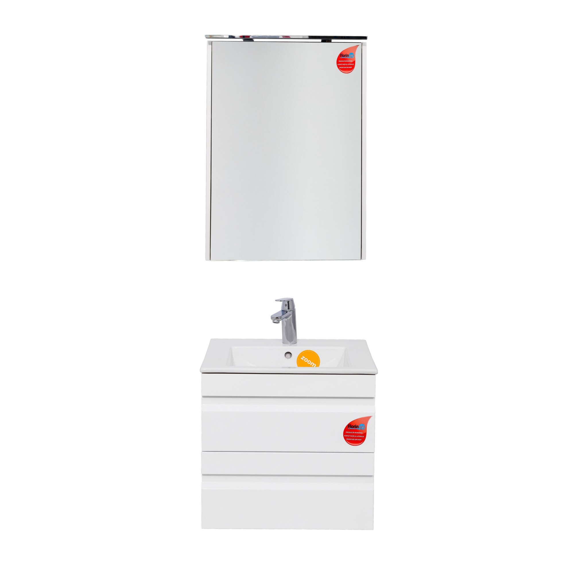 Set mobilier baie Mdf vopsit suspendat 55 cm cu lavoar ceramic Roca, oglinda dulap 50 cm si lampa led 30 cm