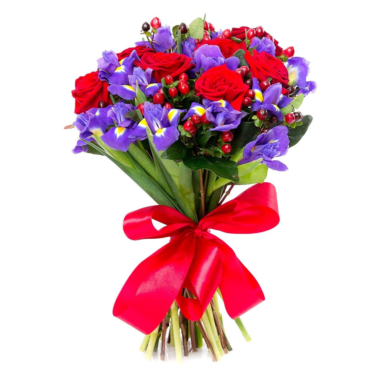 Buchet trandafiri si irisi, 21 fire, rosu/albastru, 30x25cm