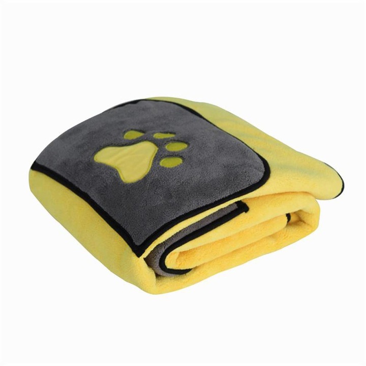 Prosop OKTANE pentru caini si pisici 65 X 100 cm microfibra cu uscare rapida buzunare pentru manevrare si prindere ultra-moale si superabsorbant Galben