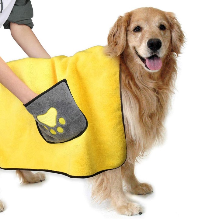 Prosop OKTANE® pentru caini si pisici, 65 X 100 cm, microfibra cu uscare rapida, buzunare pentru manevrare si prindere, ultra-moale si superabsorbant, Galben