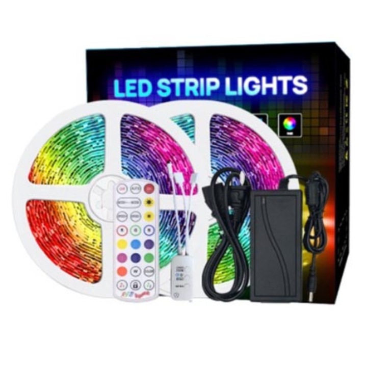 Kit Banda Led 5050 RGB, lumina multicolora 10 metri cu Controlul telefonului Bluetooth Exterior 2X5M schimba culorile cu ritmul muzicii