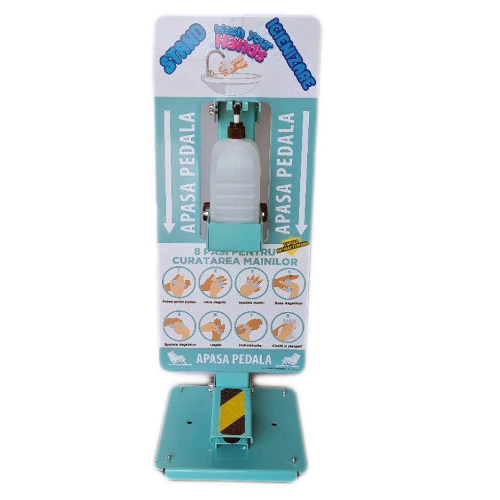 Dispenser pentru igienizat dispus cu pedala, rezervor 1200ml, panou informativ pentru copii, corp din otel vopsit antibacterian