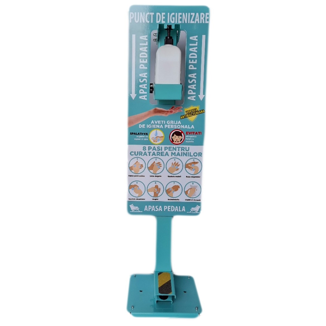 Dispenser de igienizare cu pedala, rezervor 1200ml, panou informativ cu recomandari pentru adulti, otel vopsit antibacterian