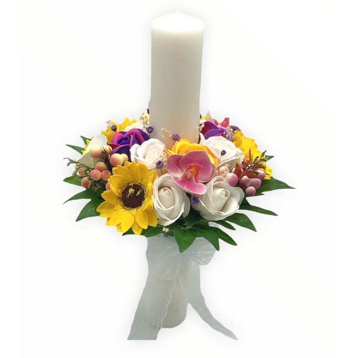 Lumanare decorativa pentru nunta si botez, Eventissimi, Multicolor Floral Sun, 40 cm, ceara, trandafiri, orhidee si floarea soarelui, aranjament floral multicolor