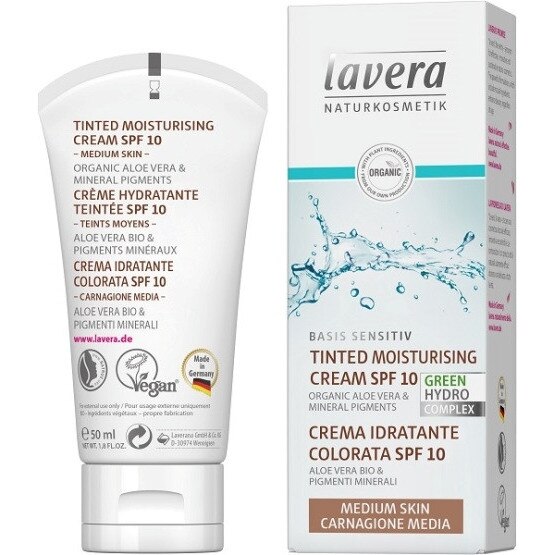 Crema hidratanta nuantata cu SPF10 pentru ten mediu Basis Sensitiv, LAVERA, 50 ml