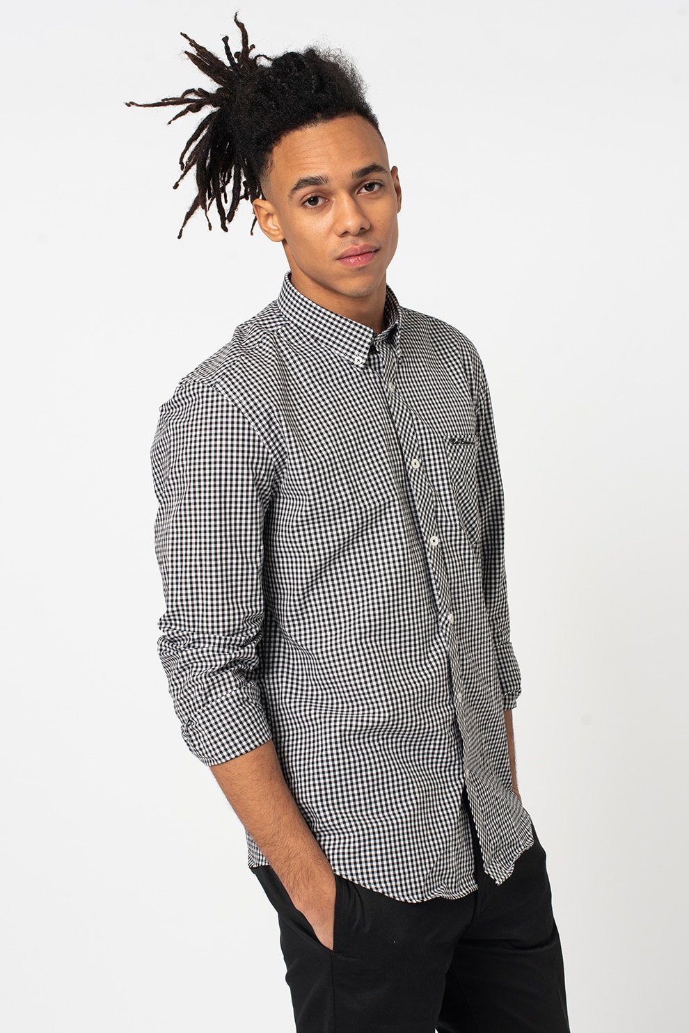 Ben Sherman, Camasa cu guler fixat cu nasturi si model gingham, Negru/Alb