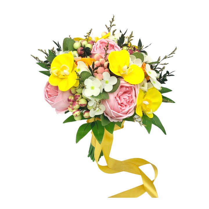 Eventissimi virágcsokor, bazsarózsa, hortenzia, orchidea és szárított növények, többszínű