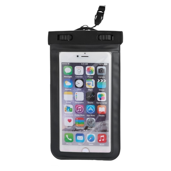 Husa waterproof pentru telefon, compatibila universal, utilizare subacvatica, impermeabila IPX7, pentru apa, plaja, piscina, negru