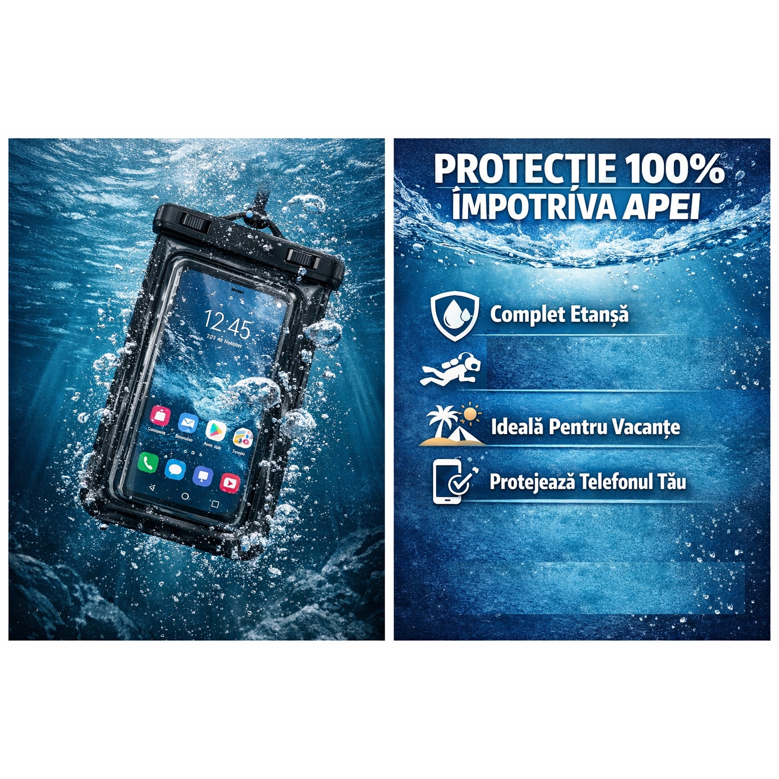 Husa waterproof pentru telefon, compatibila universal, utilizare subacvatica, impermeabila IPX7, pentru apa, plaja, piscina, negru