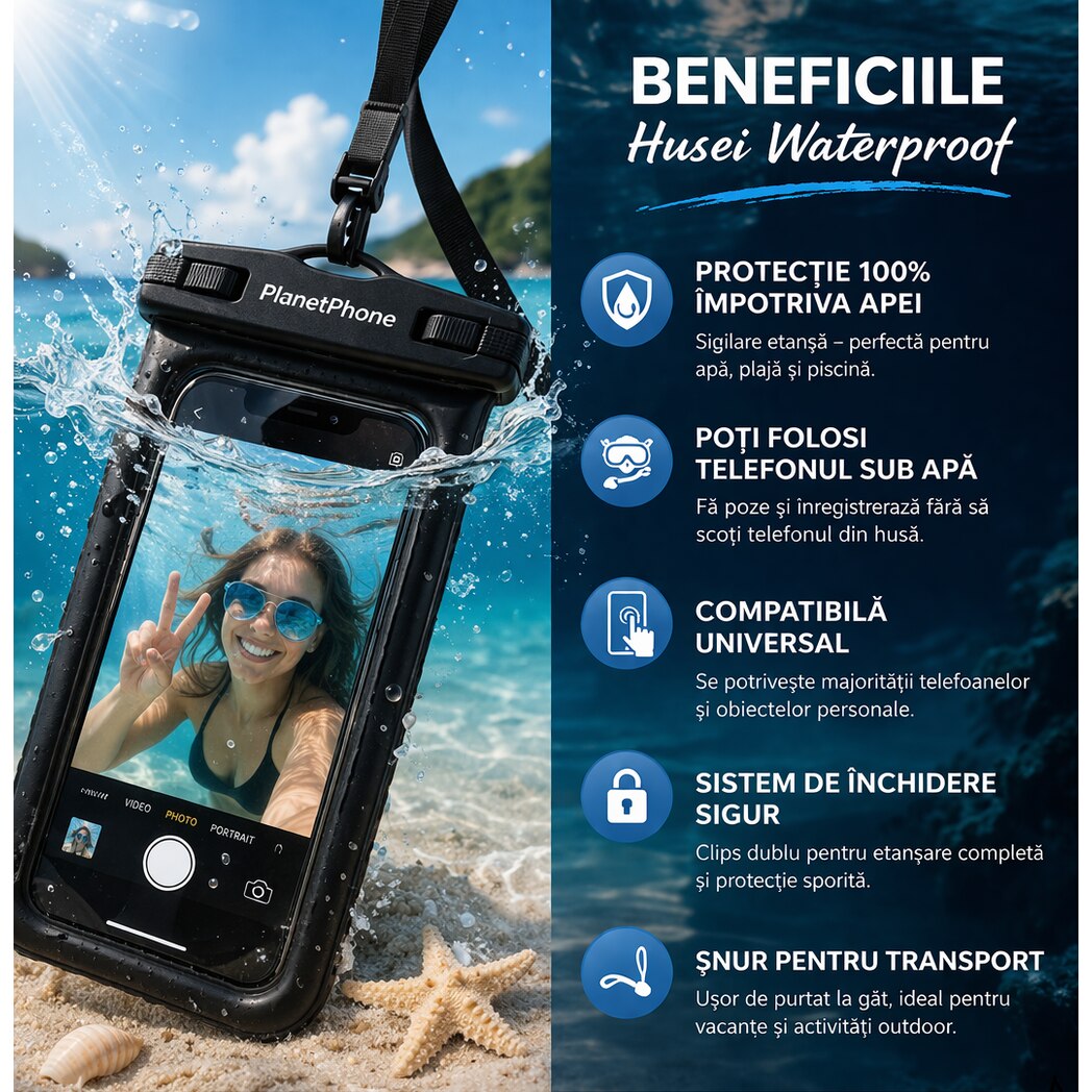 Husa waterproof pentru telefon, compatibila universal, utilizare subacvatica, impermeabila IPX7, pentru apa, plaja, piscina, negru