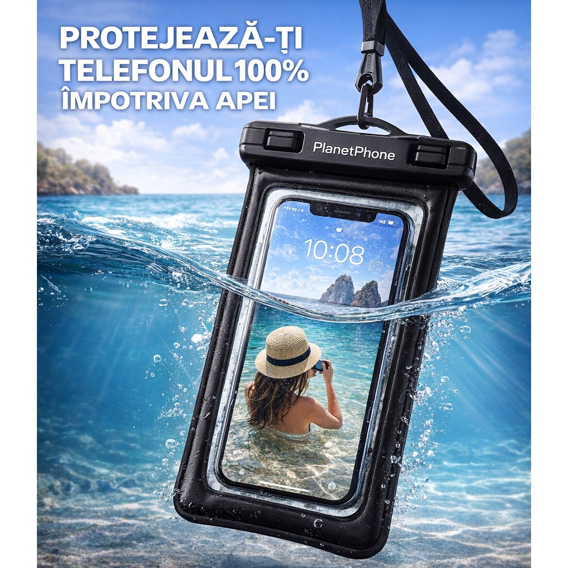 Husa waterproof pentru telefon, compatibila universal, utilizare subacvatica, impermeabila IPX7, pentru apa, plaja, piscina, negru
