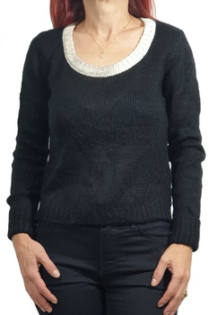 Pulover dama Tally Weijl, cu dunga la gat si lame, Negru/Alb Pulover dama Tally Weijl, cu dunga la gat si lame, Negru/Alb