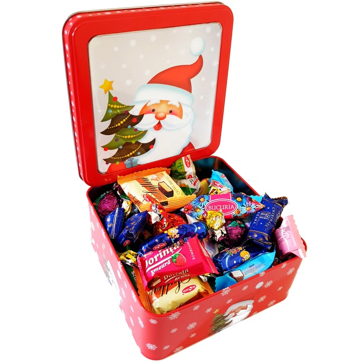 Cutie cadou de metal, imprimeu de Craciun cu mix de bomboane Bucuria