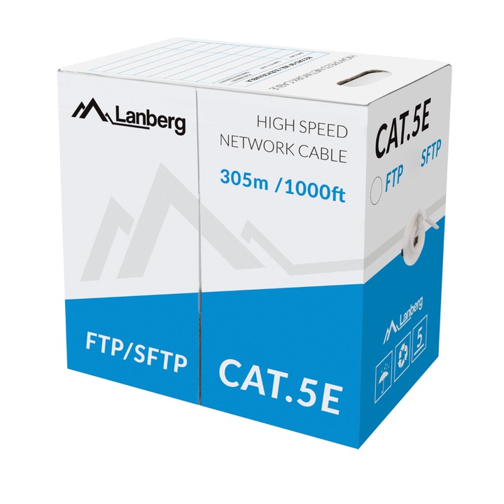 Rola cablu ecranat FTP, Lanberg 41406, cat.5e, lungime 305 metri, AWG 26, 100 MHz, de legatura retea, ethernet, gri