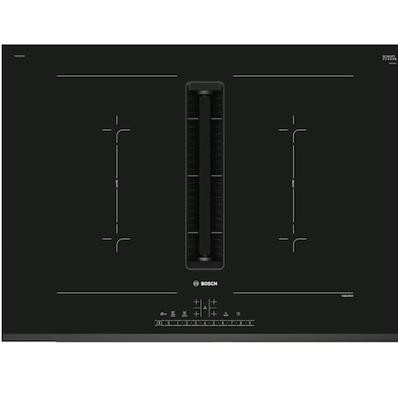 Plita incorporabila Bosch PVQ731F15E, Inductie, 4 zone de gatit, Mod hota integrat, Timer, QuickStart, Detectare vase, 70cm, Negru