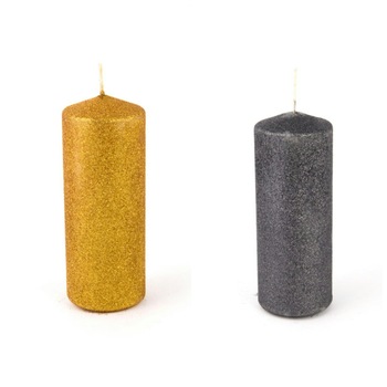 Set 2 Lumanari stalp cu sclipici, diametru 6 cm x 15 cm inaltime, Antracit si auriu Set 2 Lumanari stalp cu sclipici, diametru 6 cm x 15 cm inaltime, Antracit si auriu