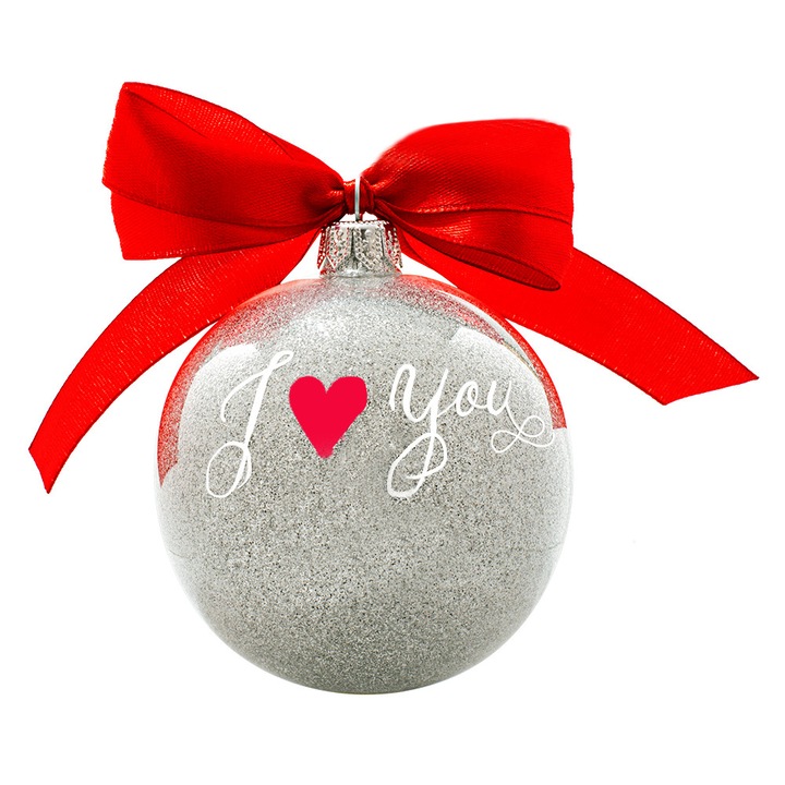 Glob sclipicios caligrafiat cu mesajul I love you, Mignon Calligraphy, sticla, argintiu