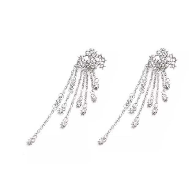 Cercei stelute dama, argintii, 8.5 cm lungime