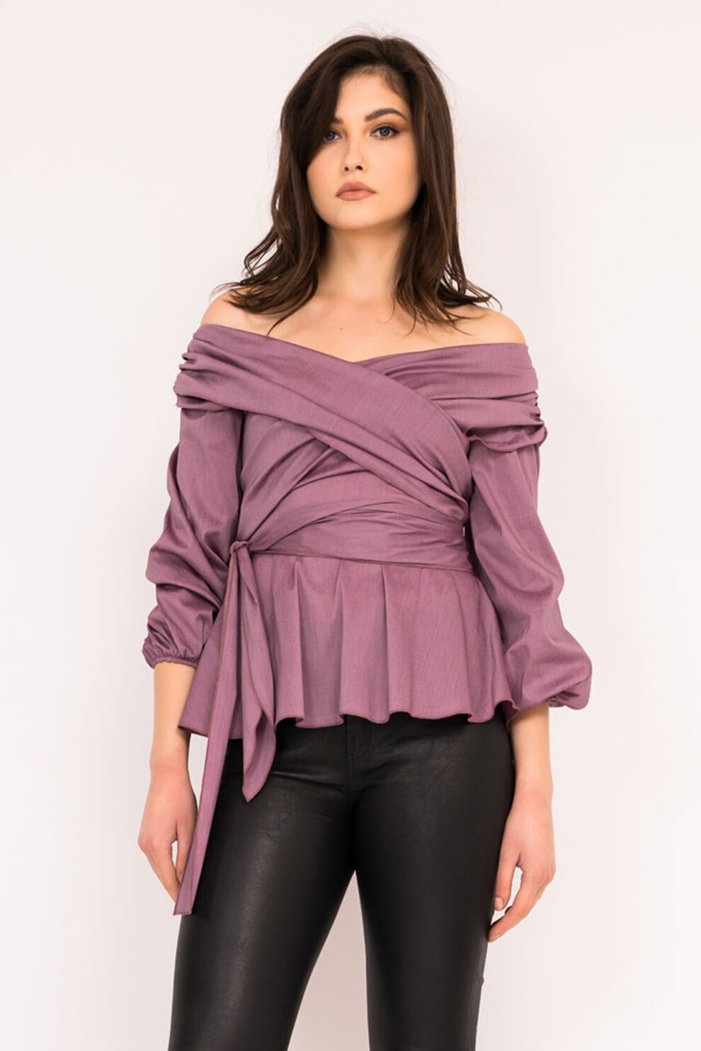 BLUZAT, Bluza cu decolteu pe umeri si aspect petrecut, Violet prafuit, L