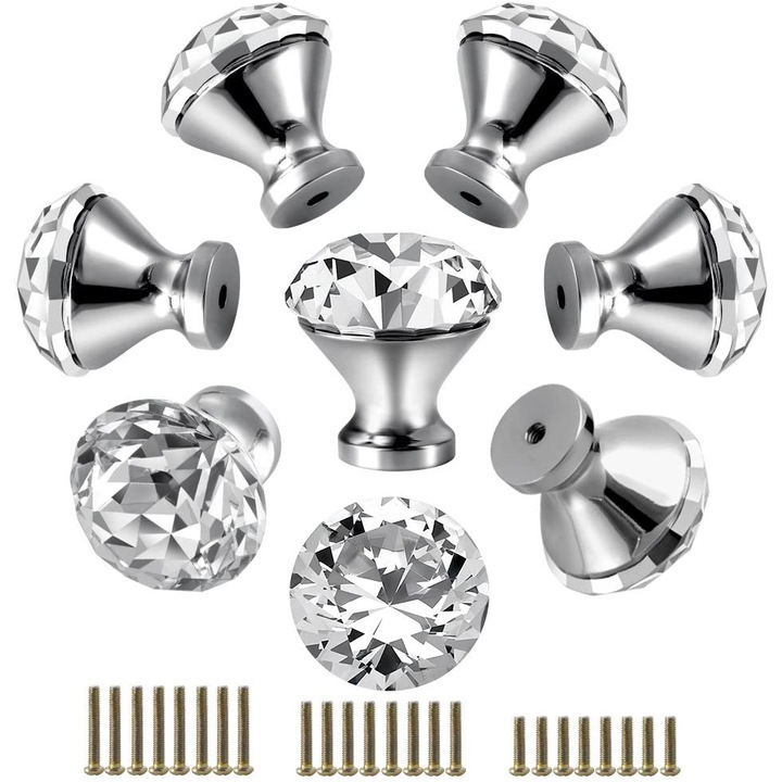 Sunmostar fiókkilincs-garnitúra, kristály és cinkötvözet, 30 mm, ezüst, 8 darabos