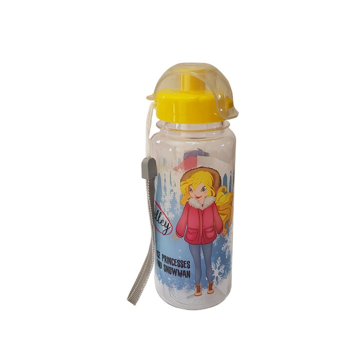 Sticla de apa cu desen pentru copii 500 ml, cu buton de deschidere, Galben