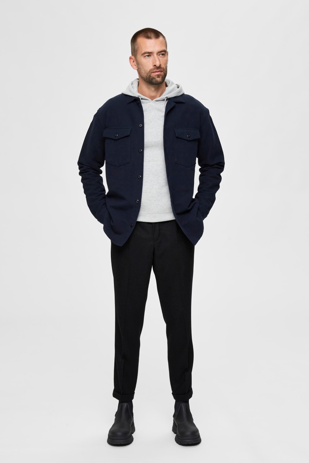 Selected Homme, Camasa de bumbac cu buzunare pe piept, Bleumarin