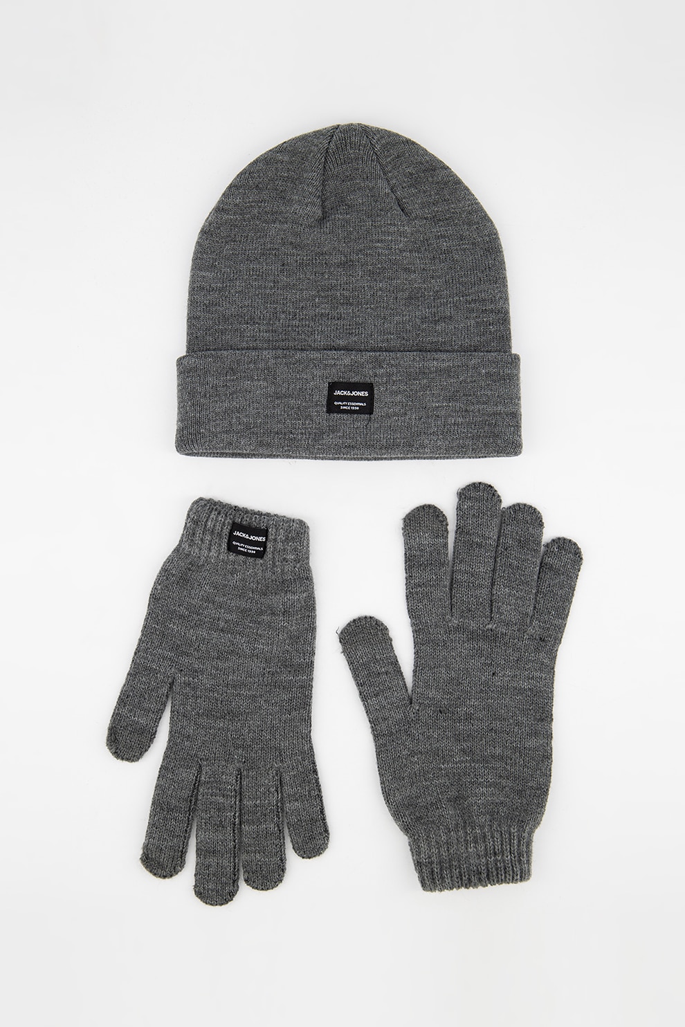 Jack&Jones, Set de caciula si manusi tricotate, Gri inchis/Gri deschis