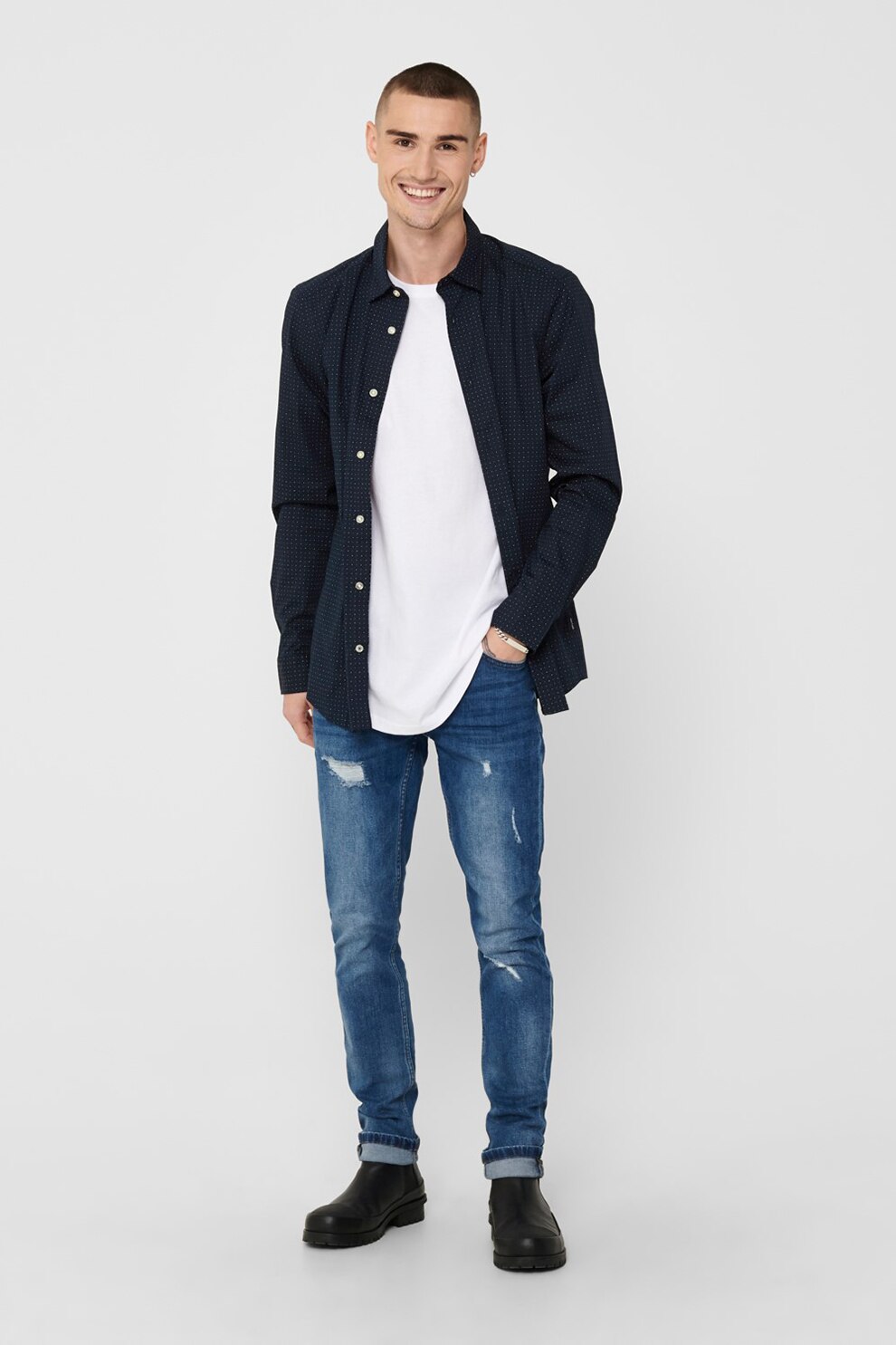 Only & Sons, Camasa din amestec de bumbac organic cu imprimeu grafic, Bleumarin inchis, S