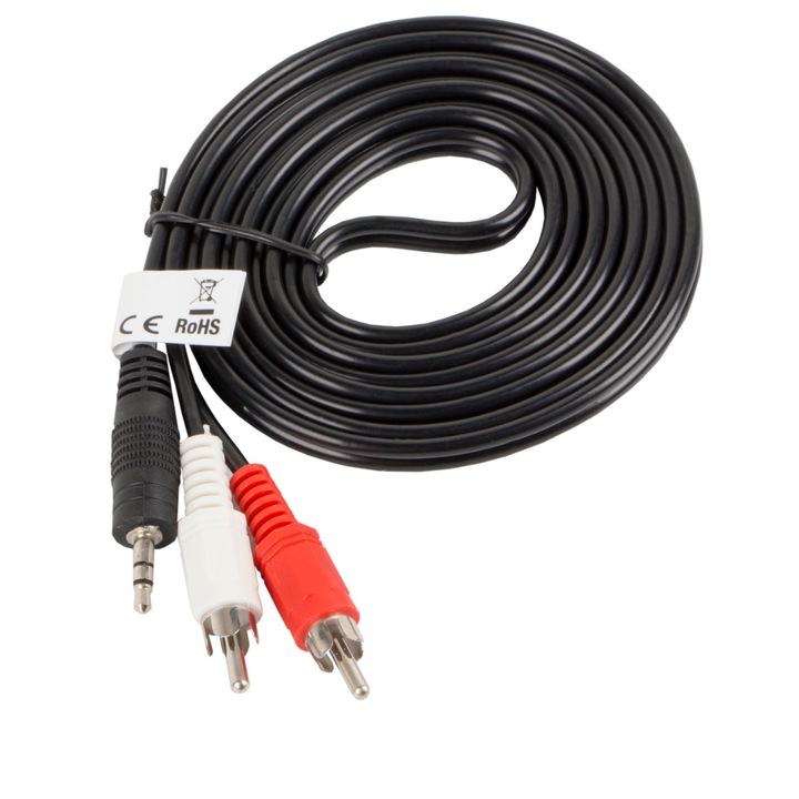 Cablu audio jack 3.5 mm 3 pin tata la 2 x RCA, 2 m, Lanberg 41402, stereo, negru