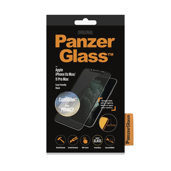 PanzerGlass, Temperred Glass képernyővédő fólia Camslider-rel iPhone Xs Max / 11 Pro Max készülékhez, fekete