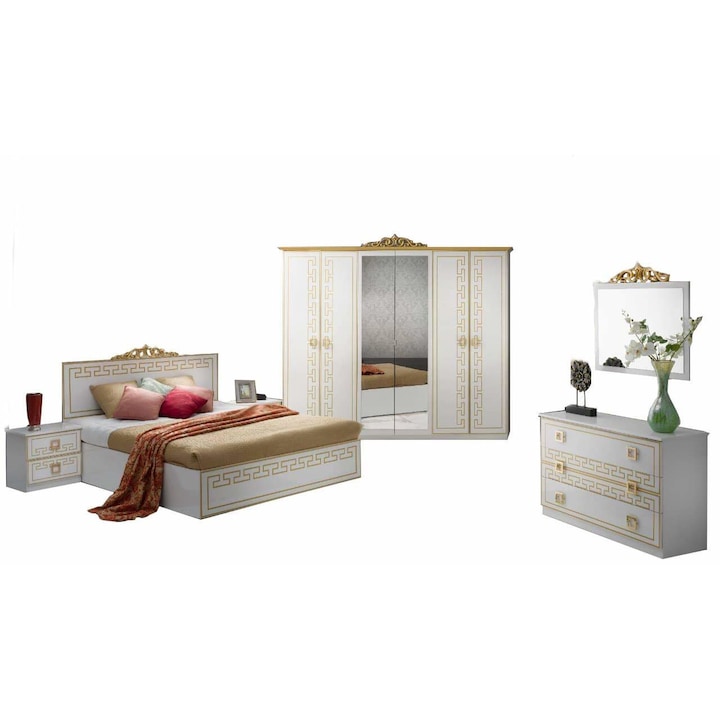 Dormitor Olimp, clasic, alb cu auriu, 6 piese, pal lucios