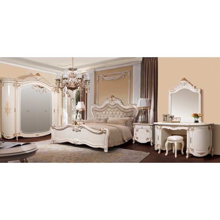 Dormitor Eliana, clasic, alb cu detalii aurii, 6 piese