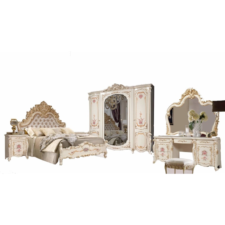 Dormitor Afina, clasic, alb cu detalii aurii, 6 piese
