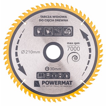 Disc circular pentru lemn TDD-210x30mm 60 dinti, Powermat PM0890 Disc circular pentru lemn TDD-210x30mm 60 dinti, Powermat PM0890
