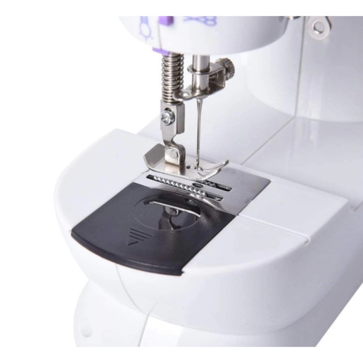 Mini masina de cusut SIKS®, cu pedala si ace incluse, portabila, practica, alb/ mov