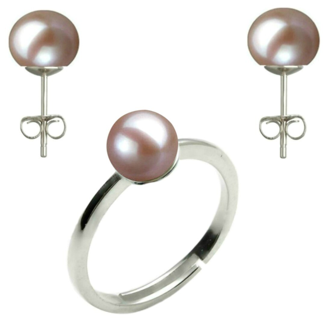 Set Argint Rodiat, Inel Reglabil si Cercei cu Perle Naturale Lavanda de 7,5-8 mm