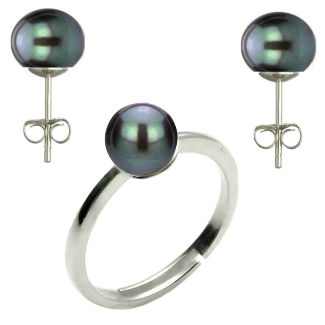 Set Argint Rodiat, Inel Reglabil si Cercei cu Perle Naturale Negre de 7,5-8 mm