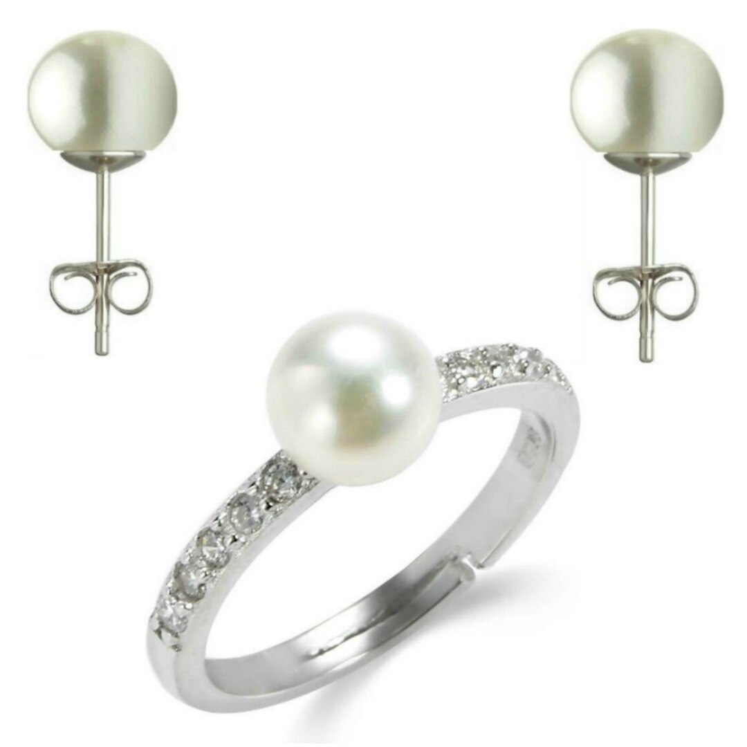 Set Argint Rodiat, Inel Reglabil cu Zirconii si Cercei cu Perle Naturale Albe de 7,5-8 mm
