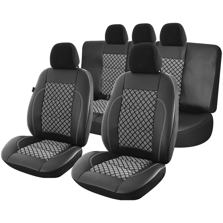 Set huse scaune auto Smartic®, Leather Premium S03, 11 piese, compatibile cu airbag, rabatabile, 3 straturi de material, negru