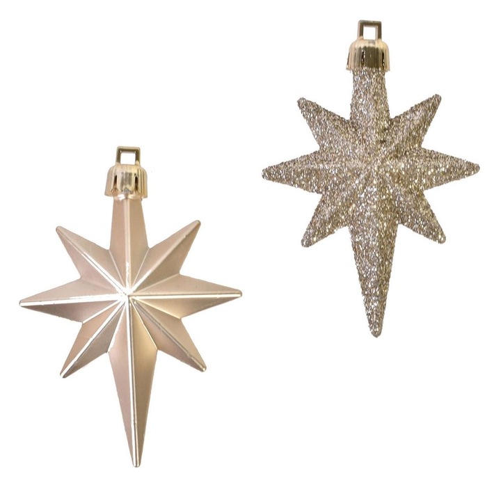 Set 16 ornamente pentru bradul de Craciun Shopiens®, in forma de Stele bej cu aspect glitter si mat, 8 cm