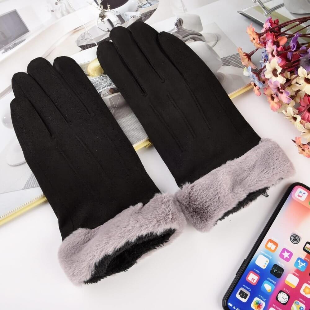 Manusi Touchscreen, Cu Blana, Winter Gloves, Alb si Negru