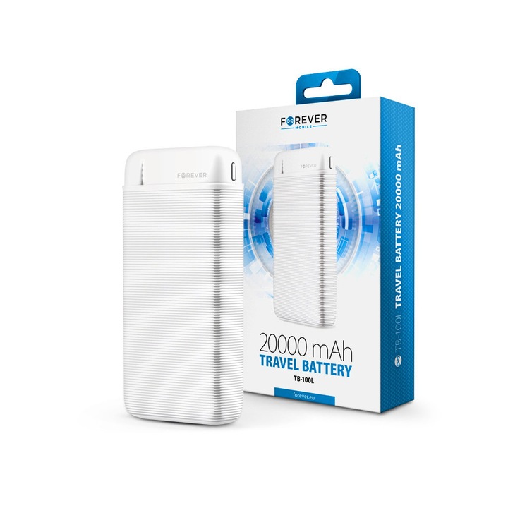 Univerzális hordozható, asztali akkumulátor töltő - Forever TB-100L Power Bank - 2xUSB+Type-C+MicroUSB - 20.000 mAh - fehér