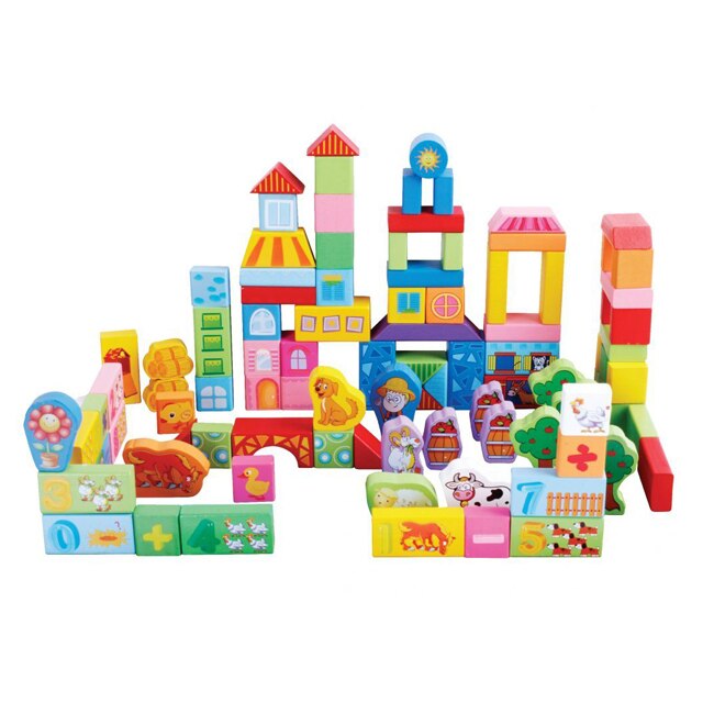 Set Blocuri educative multicolor pentru copii, din lemn, 100buc