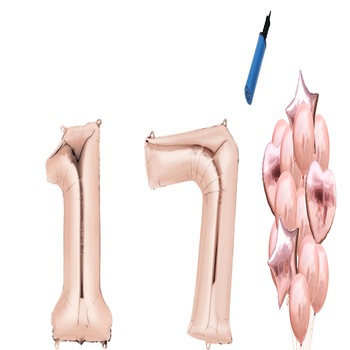 Set 16 baloane aniversare 17 ani , Roz gold Set 16 baloane aniversare 17 ani , Roz gold